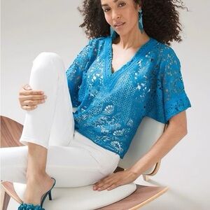 WHBM Teal Eyelet Lace Top L